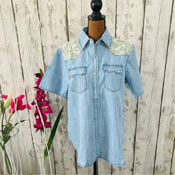 Free People x Sandrine Rose - NWT Western Short Sleeve Denim Shirt - Picture 2 of 12
